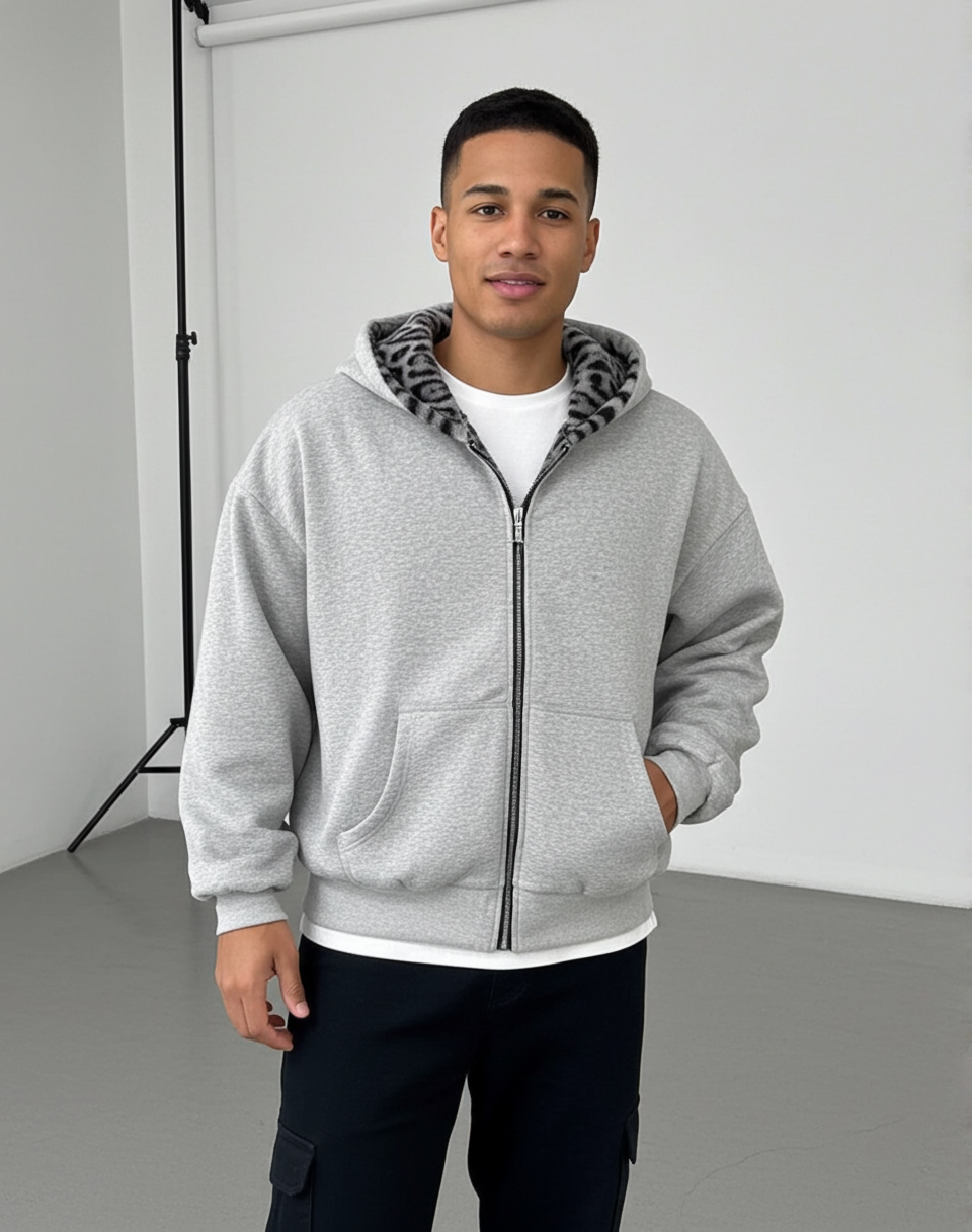 Street Casual Retro Lined Leopard Print Zip-up Hoodie - Polyester Short Sleeve V-Neck