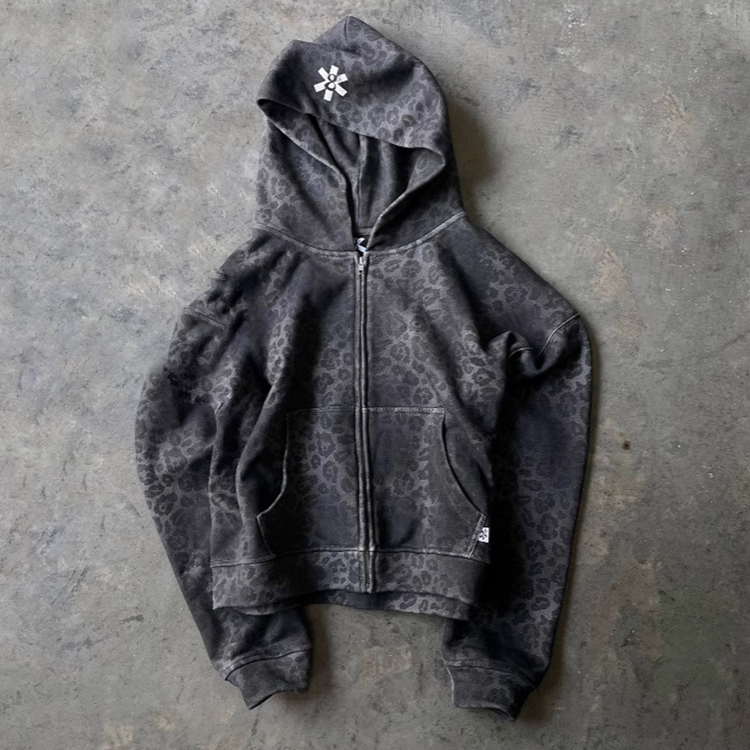 Street Retro Leopard Print Loose Zip-up Hoodie Polyester Short Sleeve V-Neck