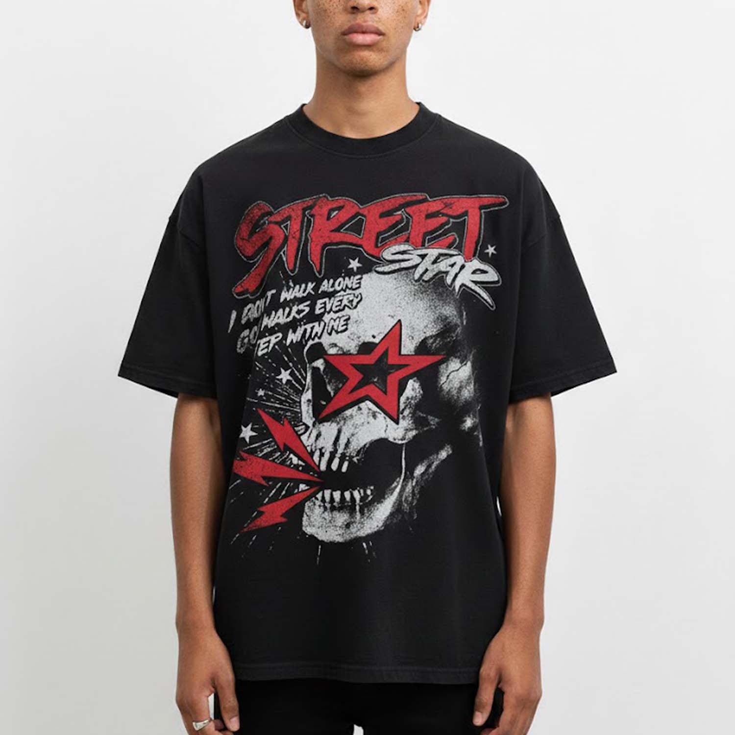 Street Star Skull Stars Vintage Graphic Cotton T-Shirt V-Neck Short Sleeve