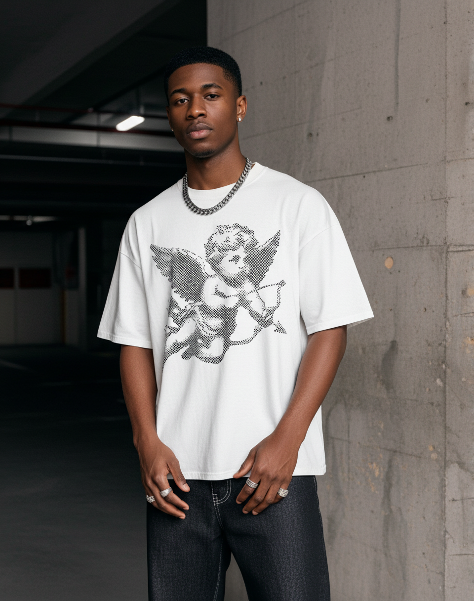 Street Style Cupid Angel Print Cotton Polyester V-Neck Short Sleeve T-Shirt