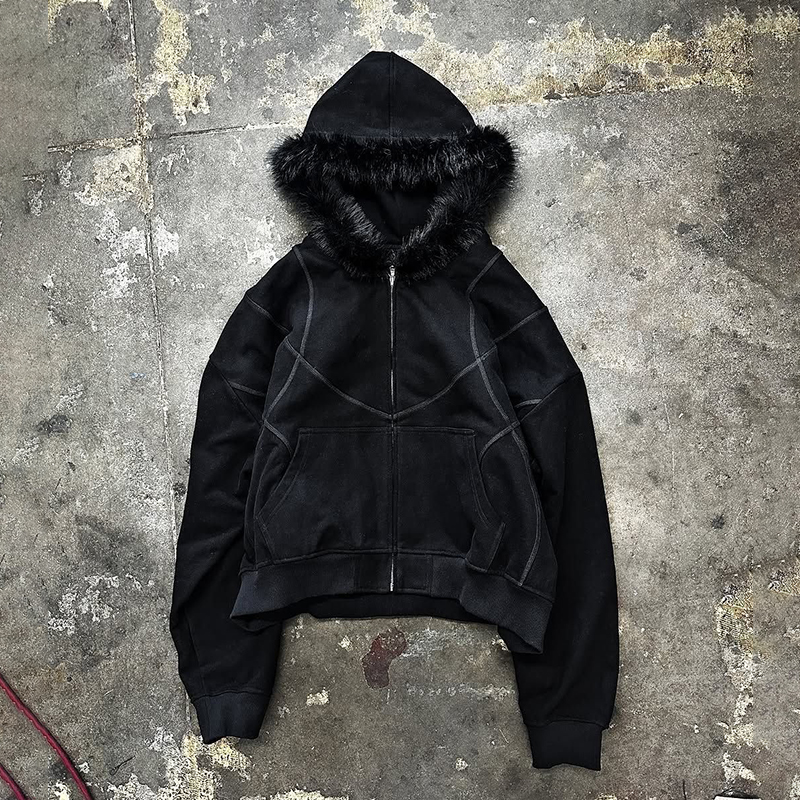 Streetwera Furry Hood Long Sleeve Zip Up Cardigan Hoodie - Polyester Vintage Sport Print Regular Length