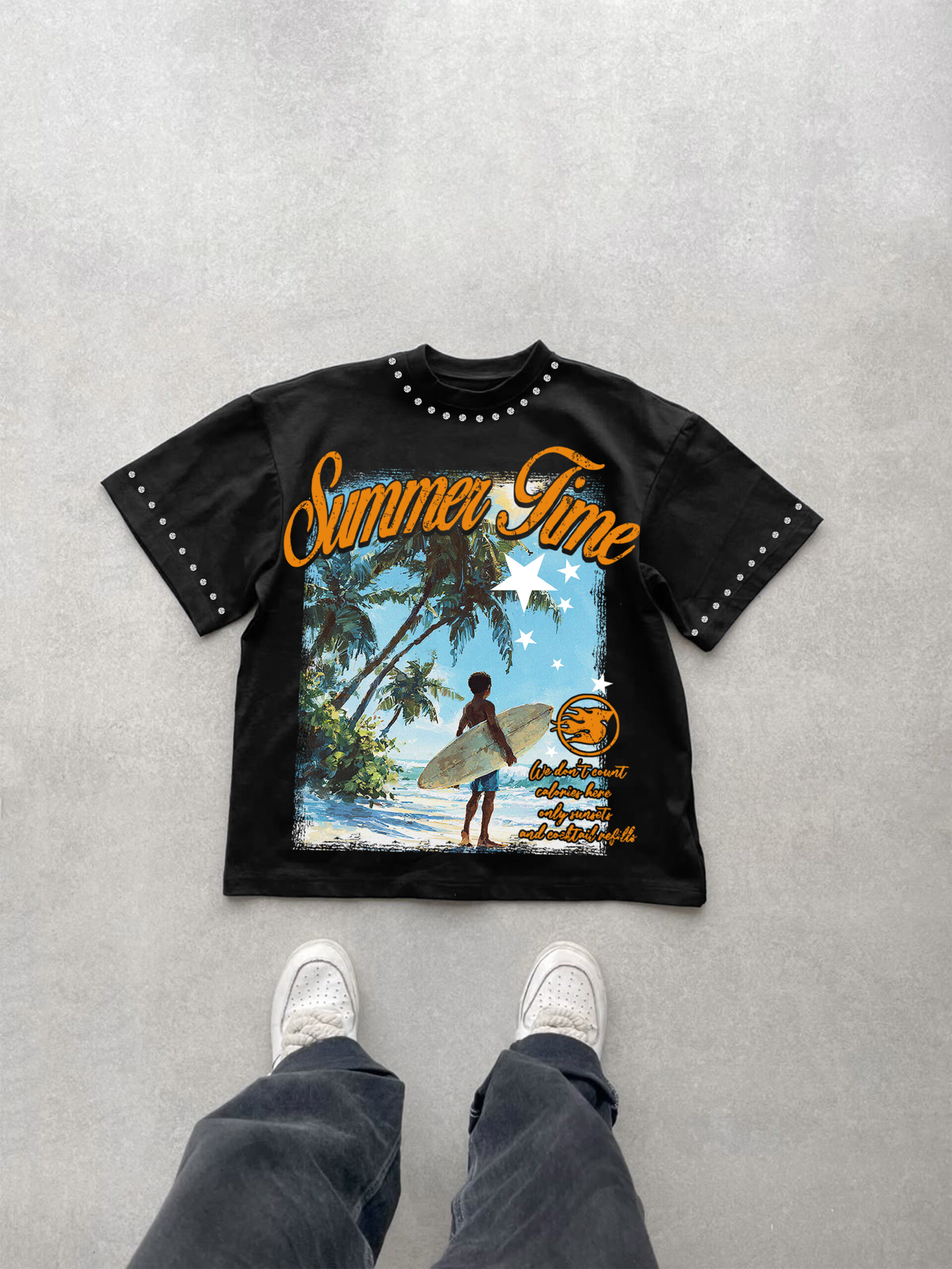 Summer Vacation Boy Graphic Rhinestone V-Neck T-Shirt - Polyester Short Sleeve