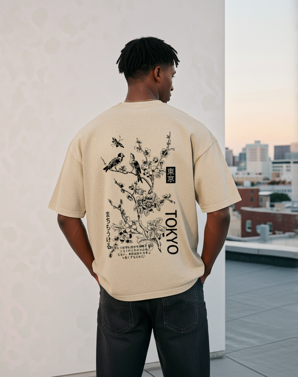 Unisex Vintage Tokyo Art Graphic Oversized T-Shirt V-Neck Short Sleeve Polyester