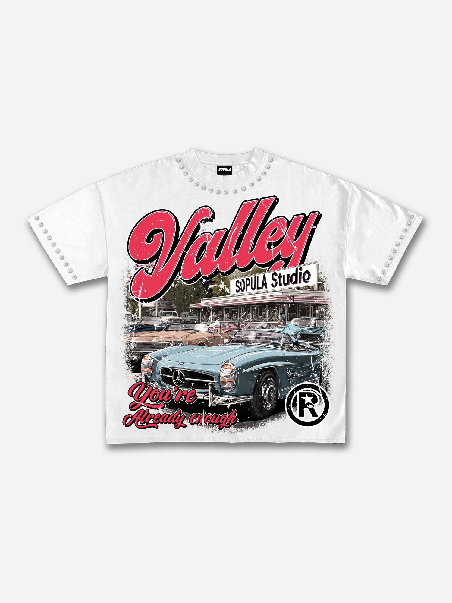 Valley 80s Country Car Workshop Vintage Graphic Rhinestone V-Neck Short Sleeve Polyester T-Shirt