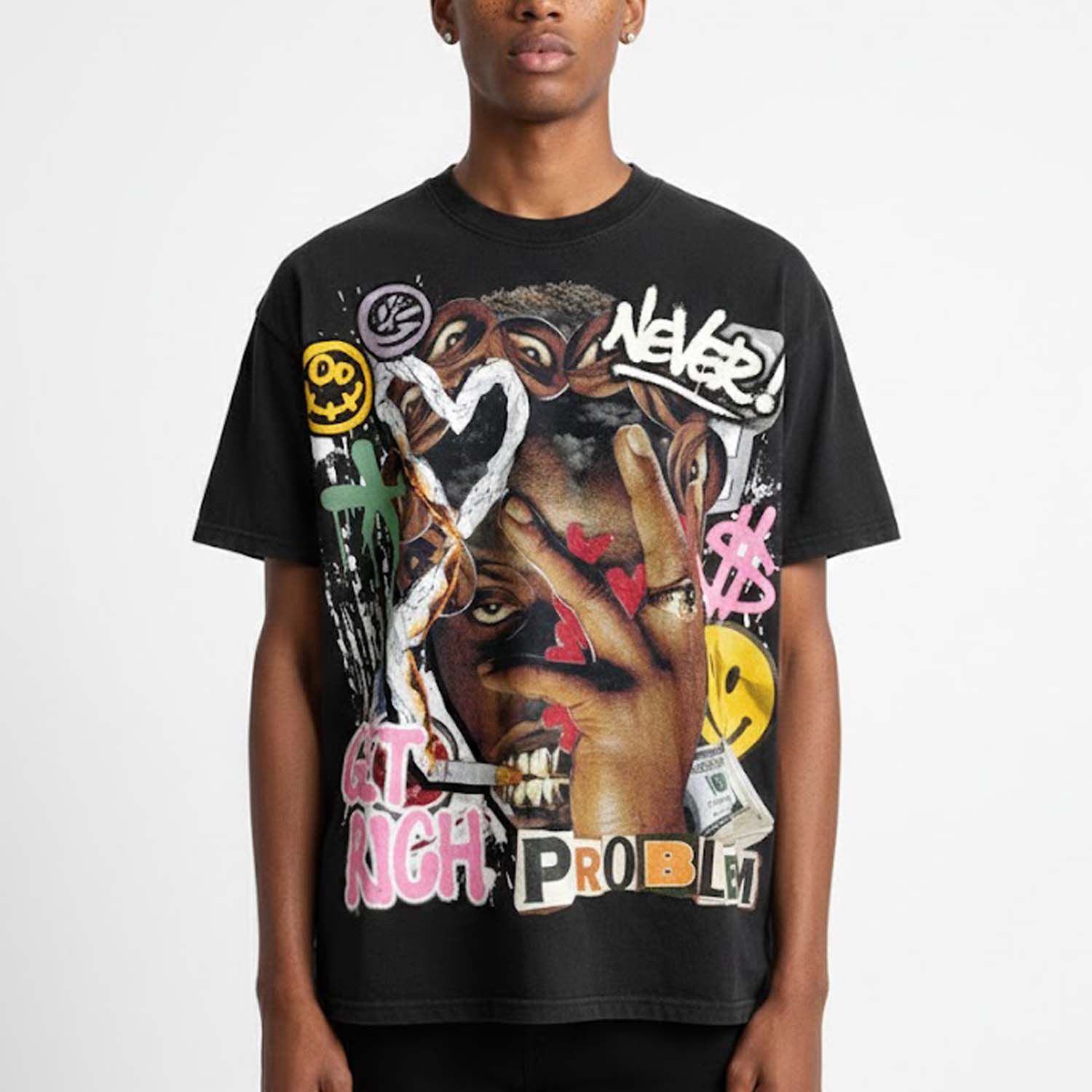 Vintage Abstract Man Graphic Cotton T-Shirt V-Neck Short Sleeve Polyester Regular Length