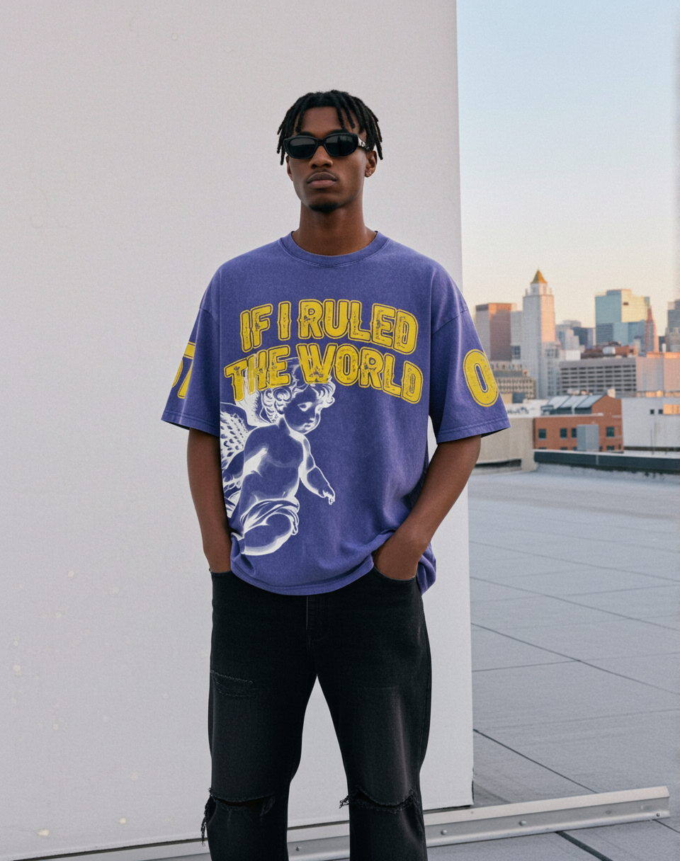 Vintage Angels Rule The World Graphic Washed V-Neck T-Shirt - Polyester Short Sleeve