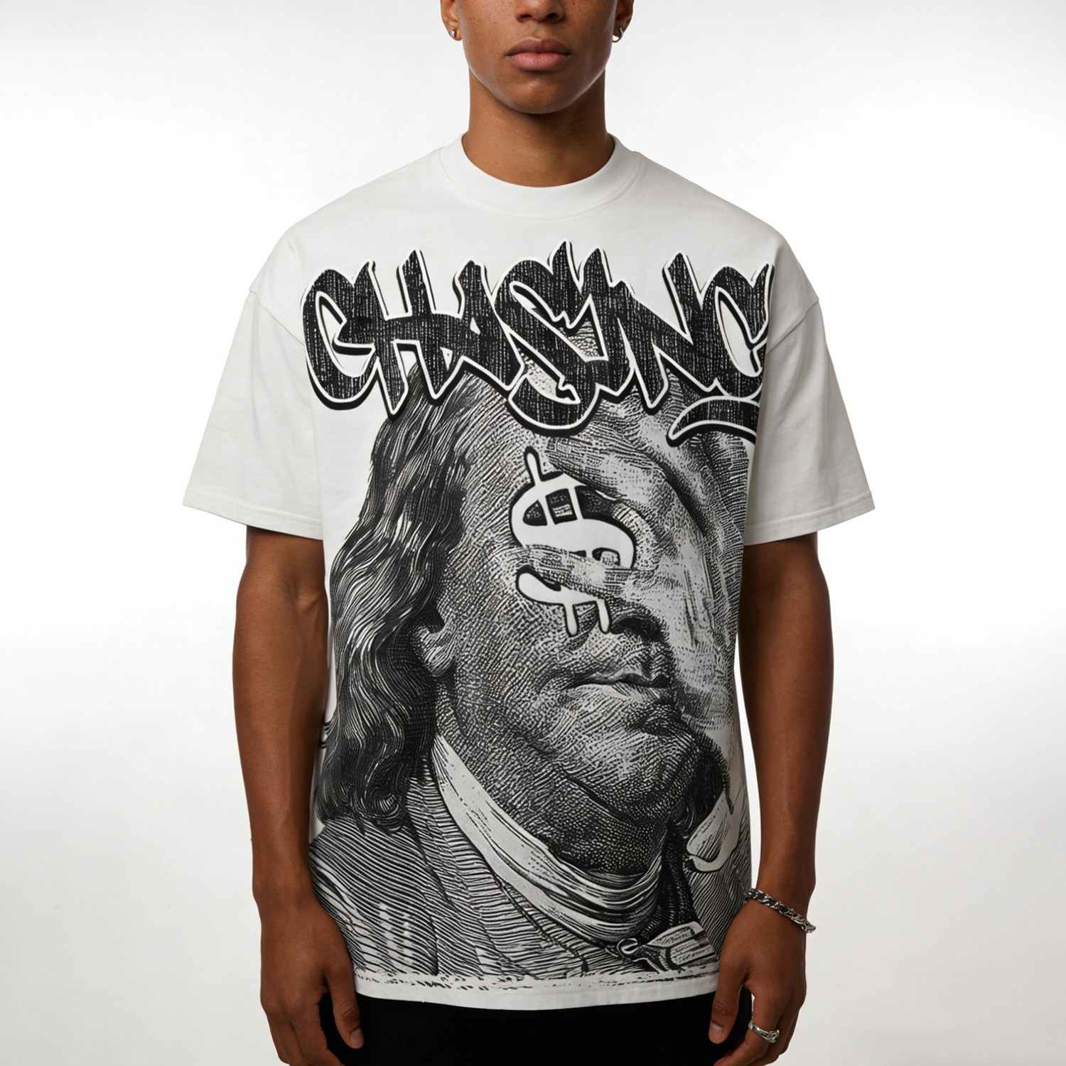 Vintage Chase Money Graphic Cotton T-Shirt - V-Neck Short Sleeve Polyester Regular Length