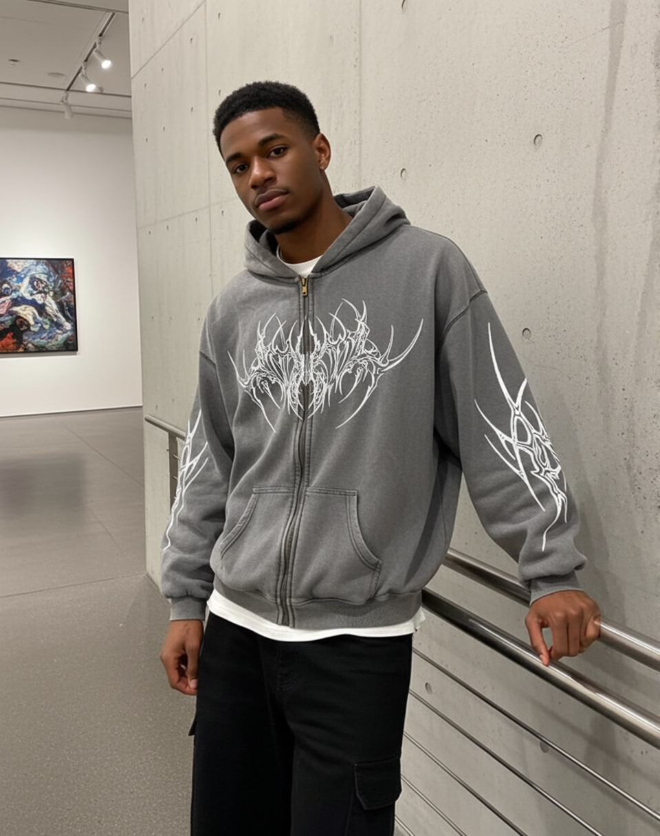 Vintage Dark Thorn Spider Graphic Acid Washed Zip-up Hoodie - Polyester Short Sleeve