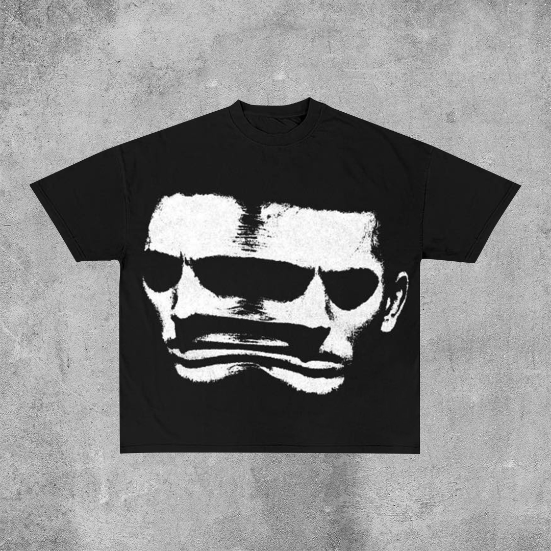 Vintage Double Face Graphic Cotton Letter Print V-Neck T-Shirt - Short Sleeve