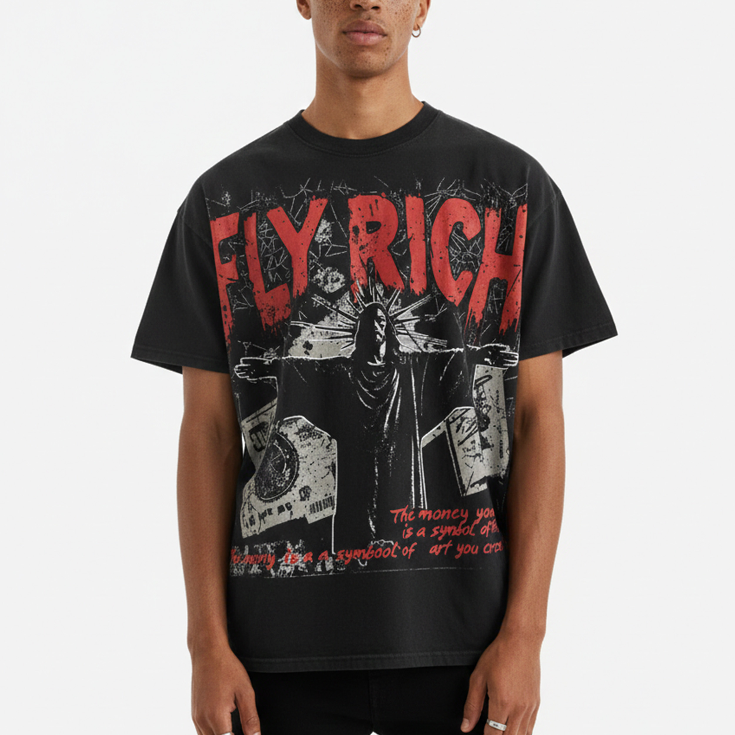 Vintage Flyrich Faith Graphic Print Cotton T-Shirt - V-Neck Short Sleeve Polyester Regular Length