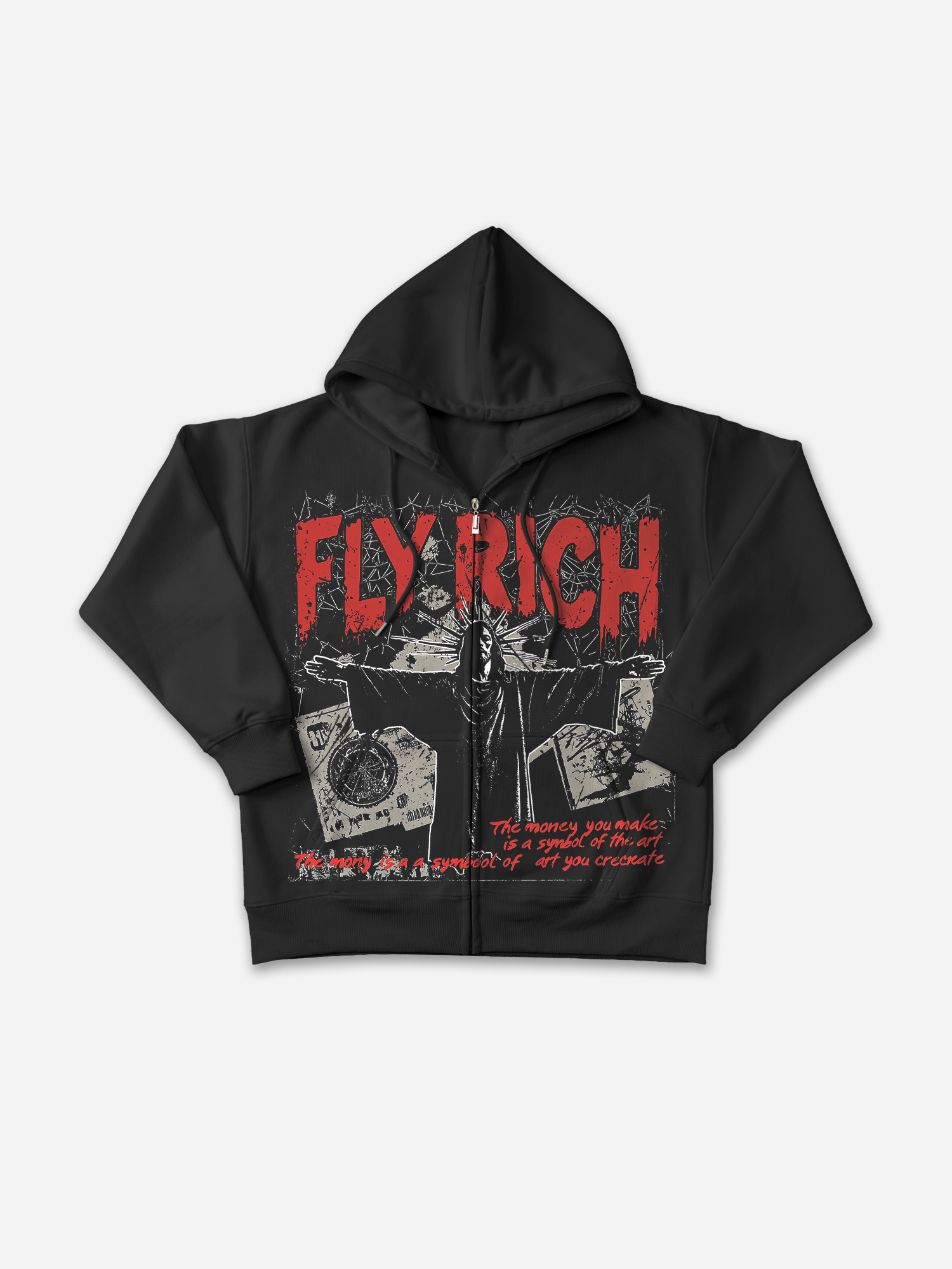 Vintage Flyrich Faith Graphic Print Zip Up Hoodie - Polyester Short Sleeve V-Neck Regular Length