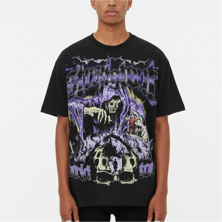 Vintage Grim Reaper Skull Graphic Print Cotton T-Shirt - V-Neck Short Sleeve Polyester Regular Length