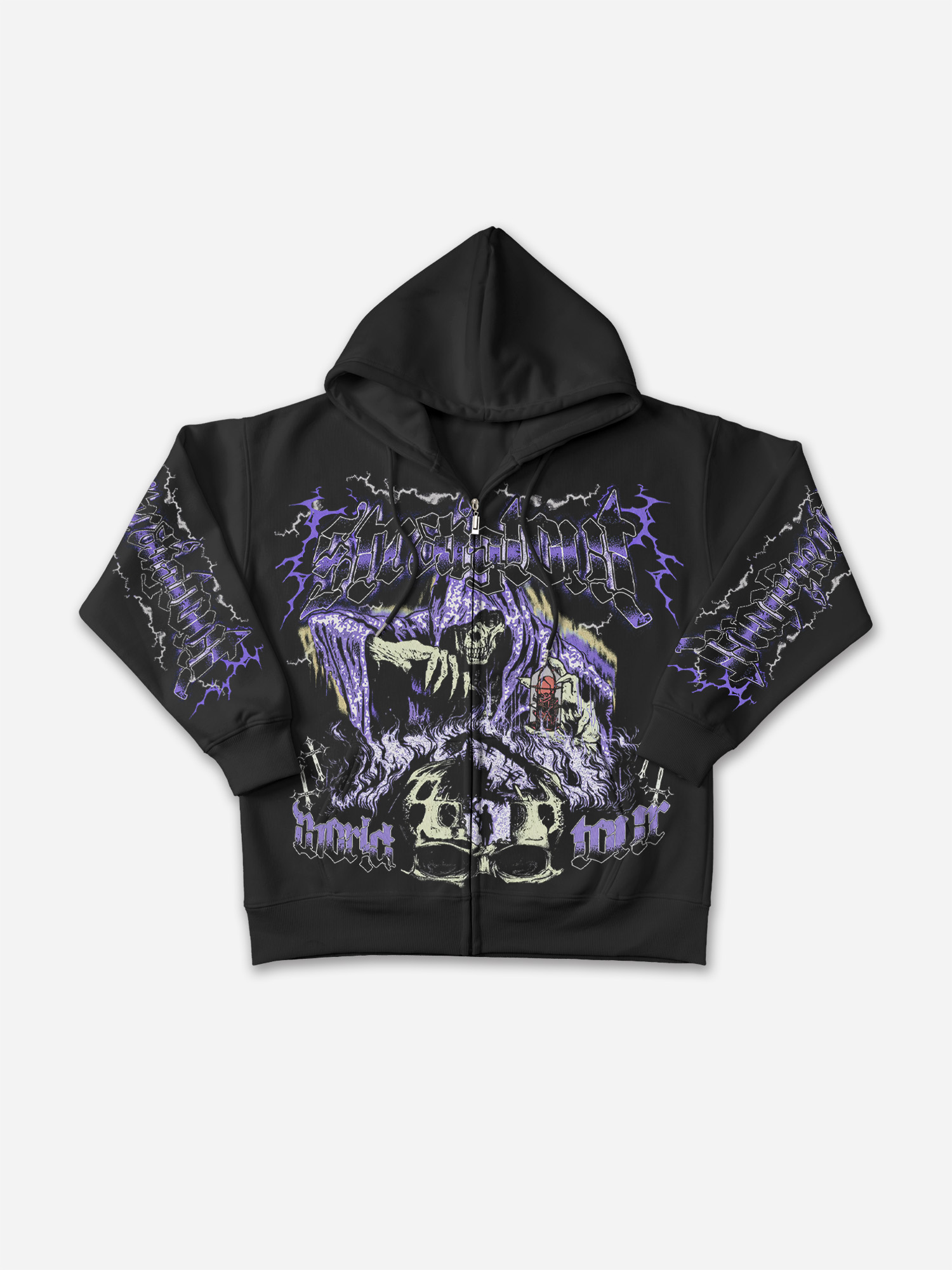 Vintage Grim Reaper Skull Graphic Print Zip-Up Hoodie - Polyester Short Sleeve V-Neck