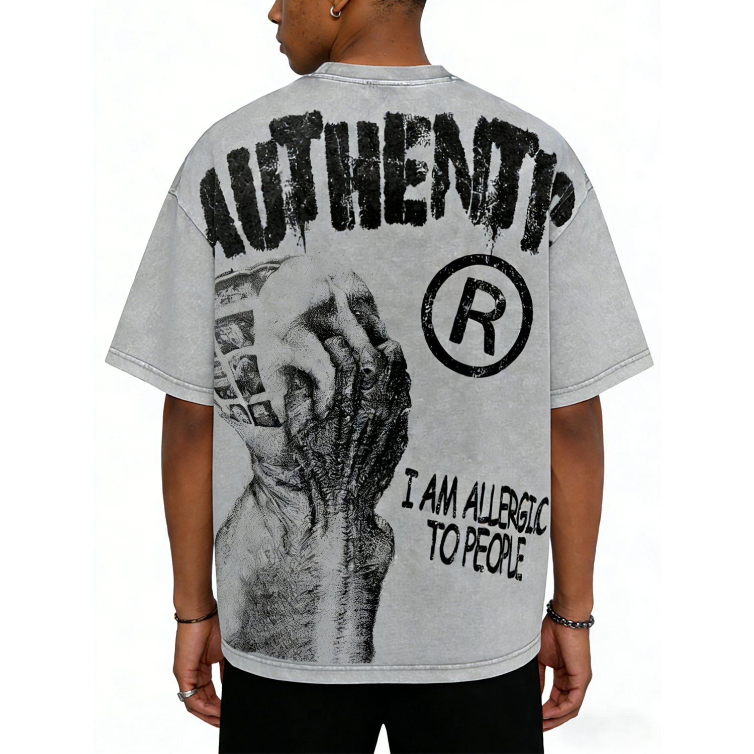 Vintage I Am Allergic To People Graphic Print Acid Wash V-Neck T-Shirt Polyester Short Sleeve