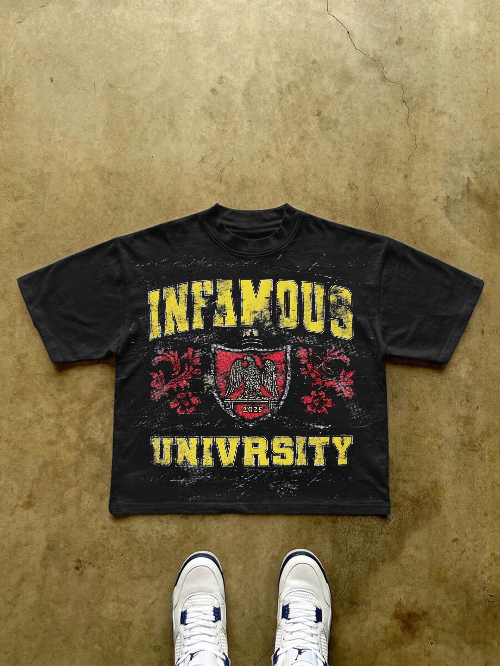 Vintage Infamous University Print Cropped T-Shirt - Polyester V-Neck Short Sleeve