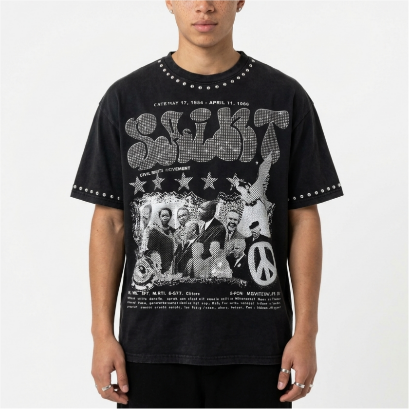 Vintage Peace Protest War Civil Rights Graphic Rhinestone T-Shirt V-Neck Short Sleeve Polyester