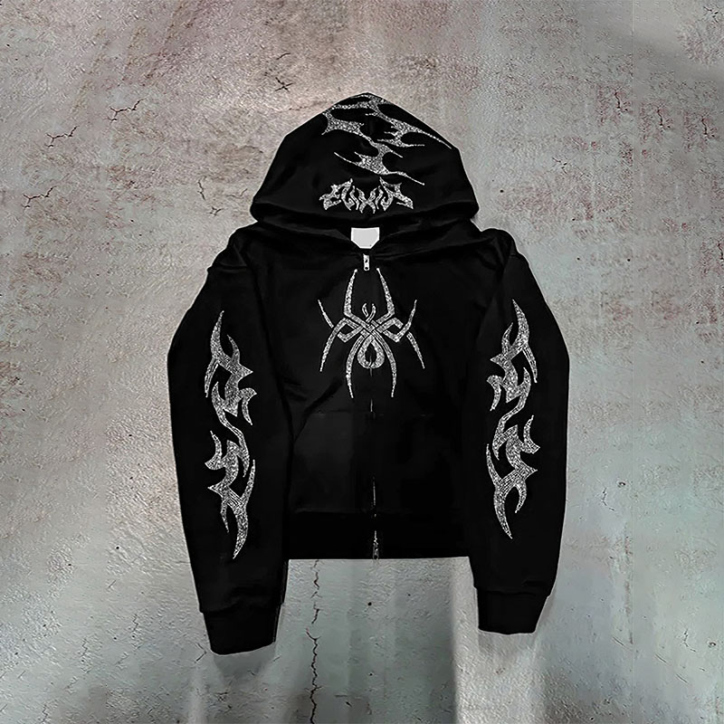 Vintage Spider Flame Rhinestones Art Zip-Up Hoodie Polyester Short Sleeve V-Neck