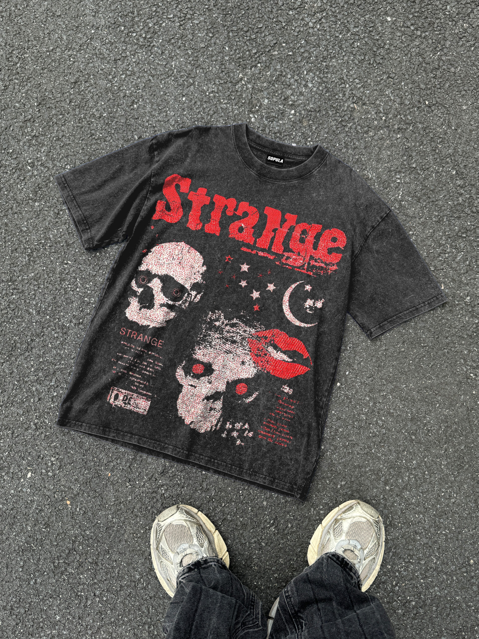 Vintage Strange Skull Graphic Acid Washed V-Neck Short Sleeve T-Shirt Polyester