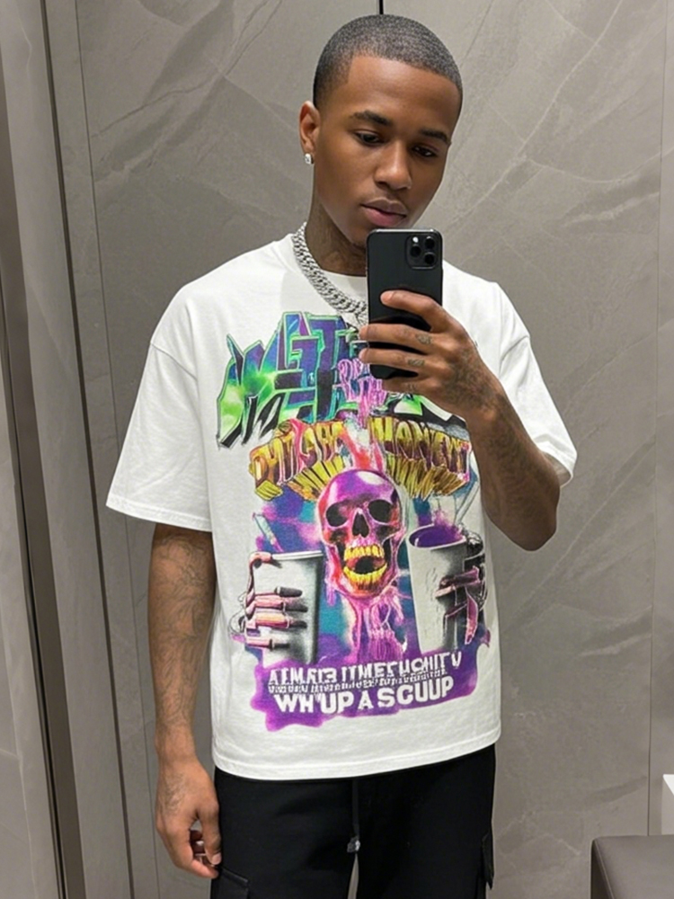 Vintage Street Skull Graphic Print V-Neck T-Shirt - Cotton Polyester Short Sleeve Regular Length