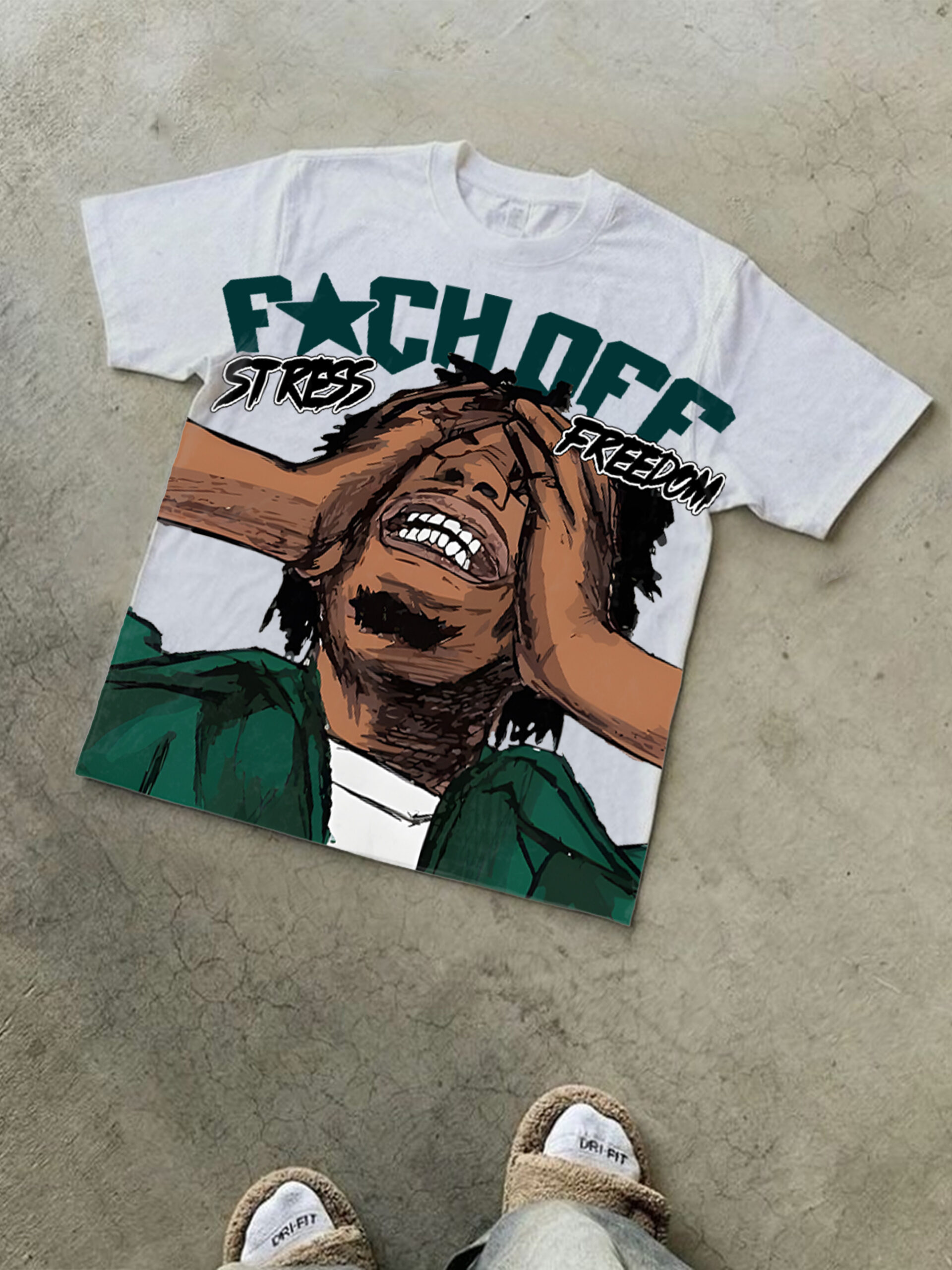 Vintage Stress Freedom Print Graphic T-Shirt - Polyester V-Neck Short Sleeve