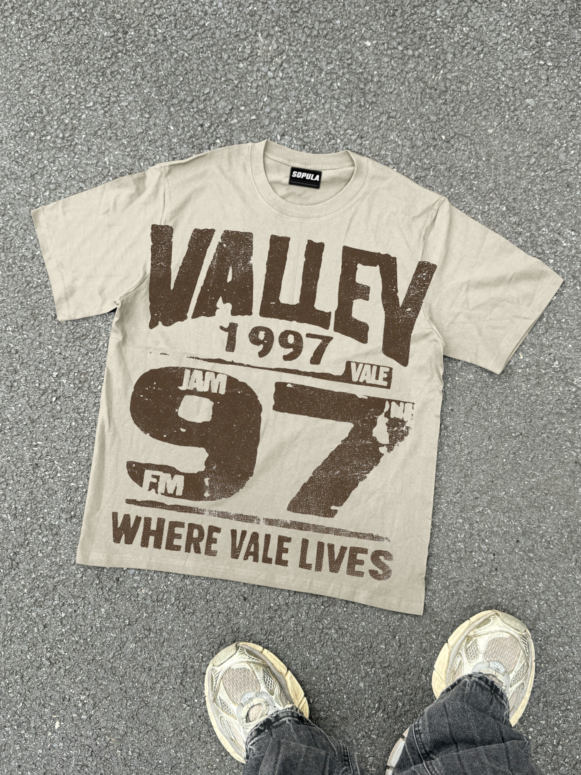 Vintage Valley 97fm Graphic V-Neck Short Sleeve Cotton T-Shirt Regular Length