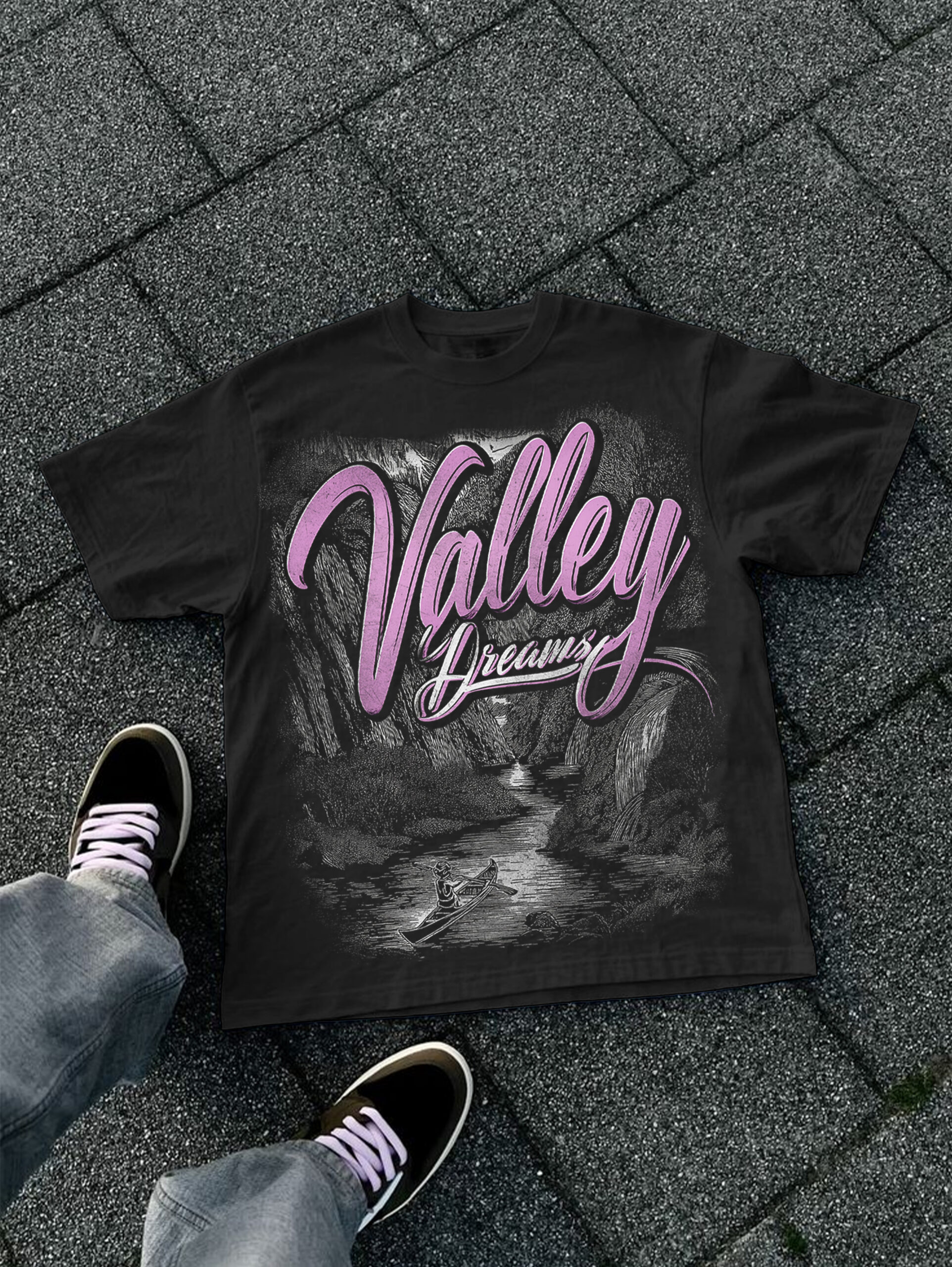 Vintage Valley Dream Jungle Gorge Graphic V-Neck Short Sleeve Cotton T-Shirt