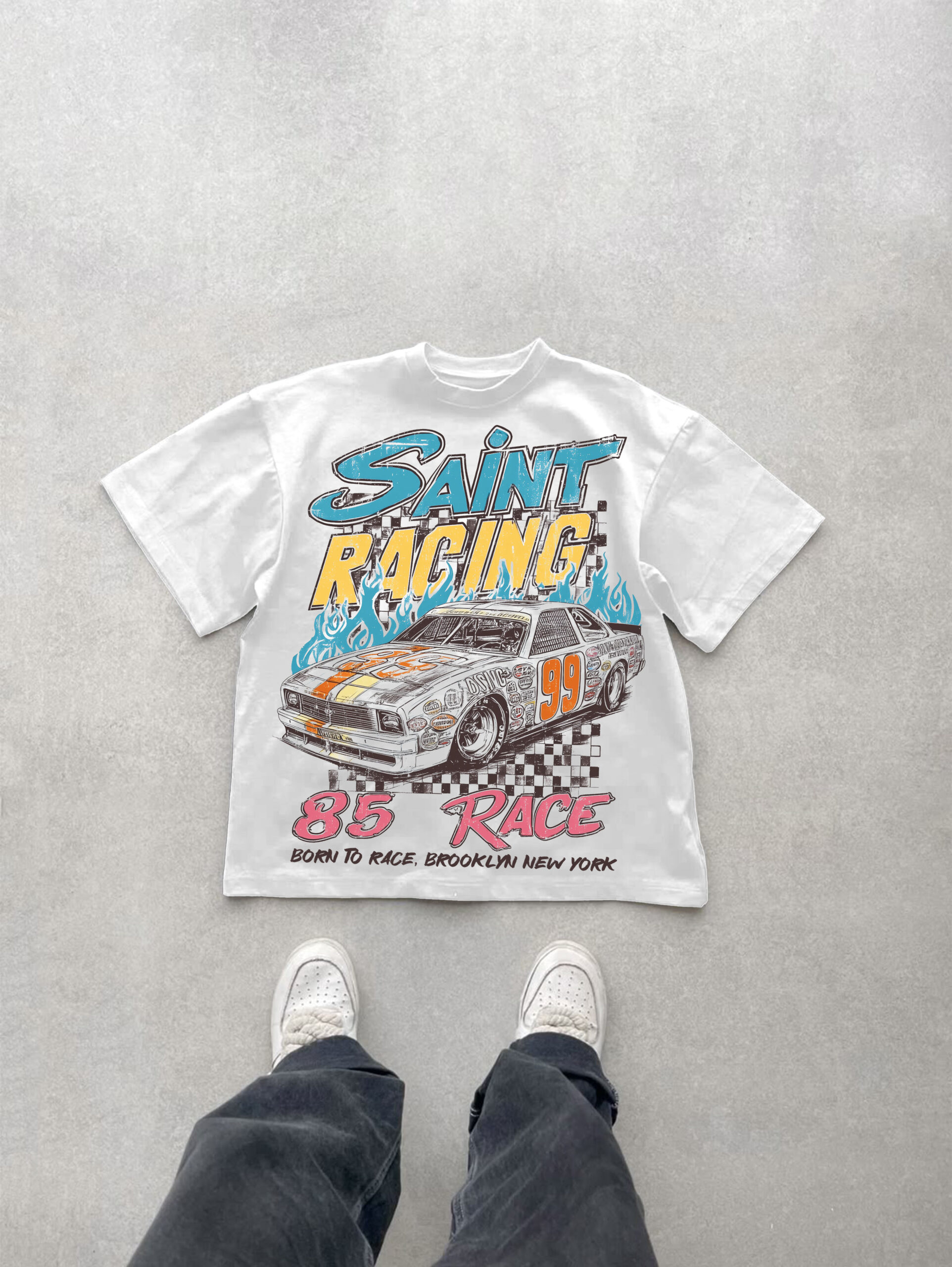 Vintage Y2K Born To Race Graphic Cotton T-Shirt - Short Sleeve V-Neck Polyester Regular Length