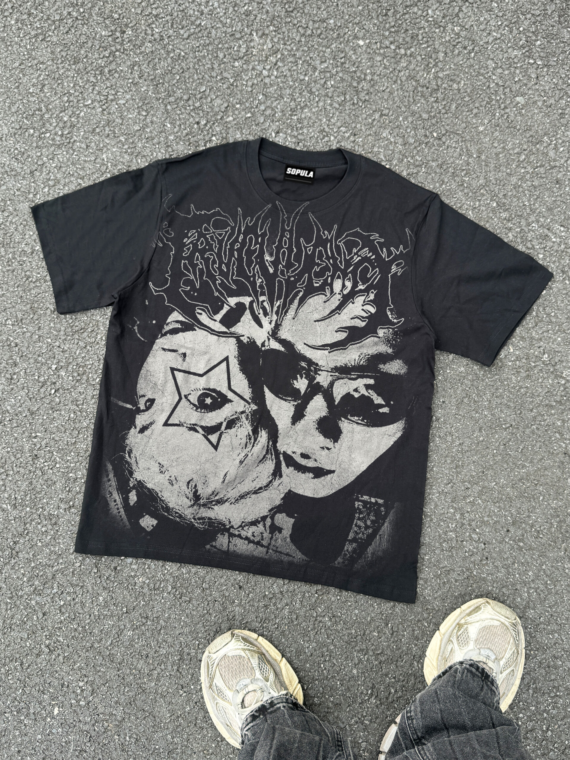 Y2K Gothic Abstract Figures Vintage Graphic Cotton T-Shirt V-Neck Short Sleeve
