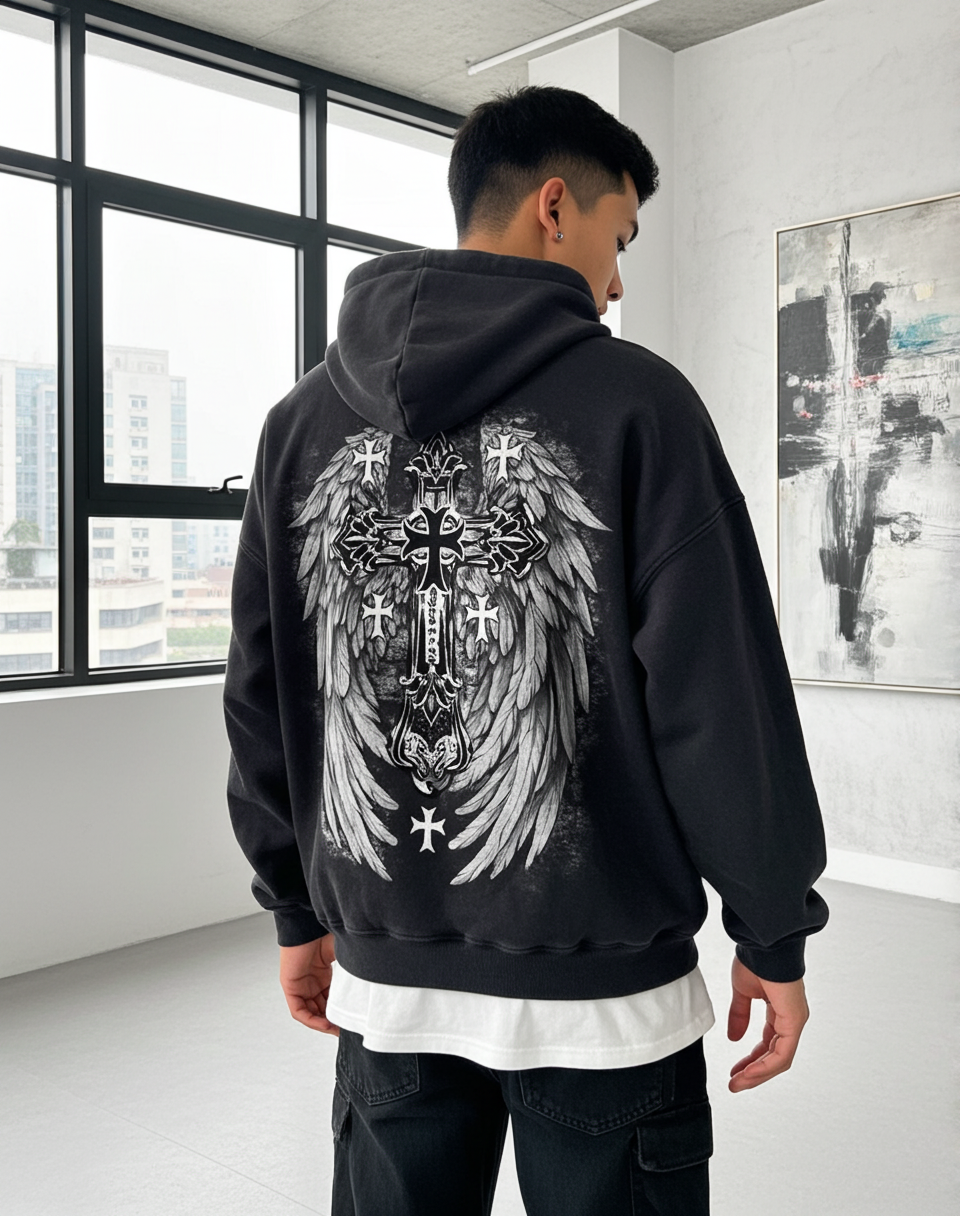 Y2K MMA Vintage Distressed Winged Cross Graphic Acid Washed Oversized Zip-Up Hoodie