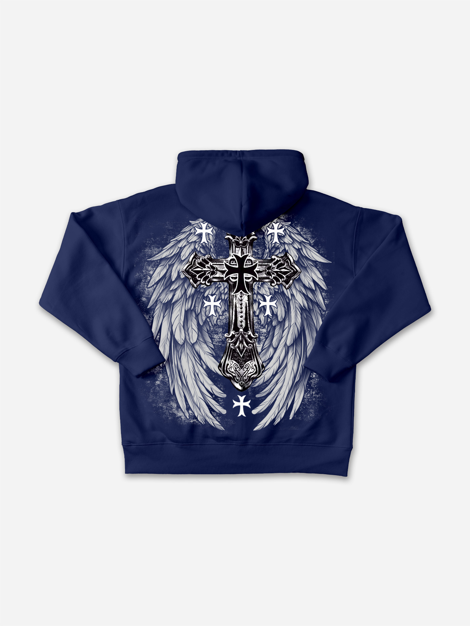 Y2K MMA Vintage Distressed Winged Cross Graphic Zip-Up Hoodie Polyester Short Sleeve