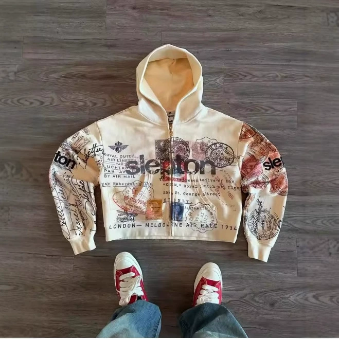 Y2K Street Retro Print Hip Hop Zip-up Hoodie Polyester Short Sleeve V-Neck